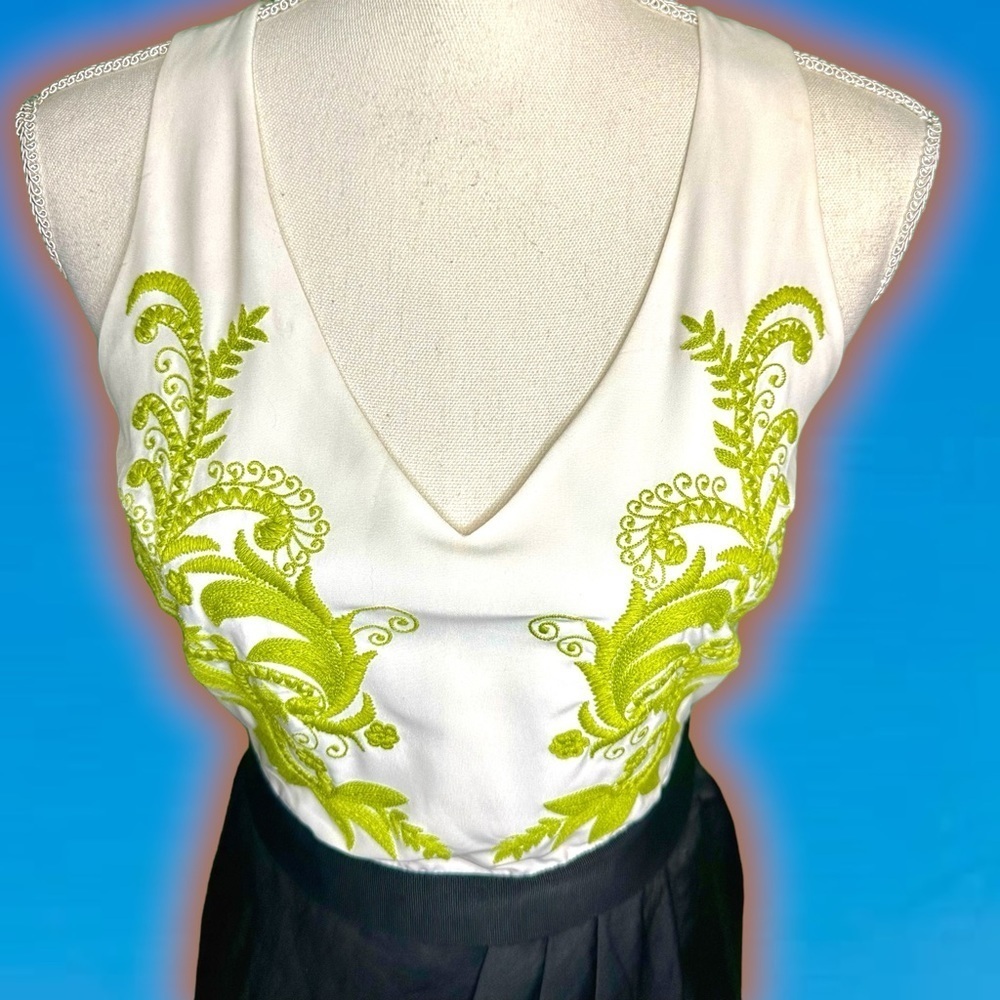 RARE Vintage Sachin + Babi Lime Green Embroidered Black & White Mini Dress Size0 - Picture 5 of 15